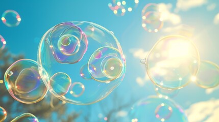 Vivid soap bubbles float in the air under a clear blue sky, with sunlight creating colorful reflections.