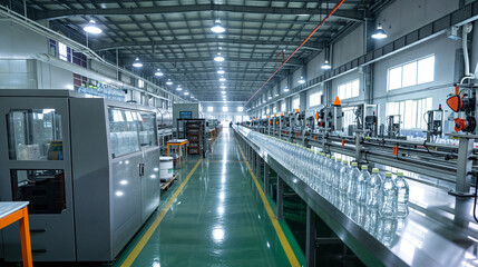 Naklejka premium Long View of a Modern Bottling Factory with Various Machinery and Water Bottles on Conveyor Belts, Emphasizing Scale and Automation
