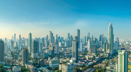 Obraz premium A panoramic view of the skyline, showcasing tall buildings and modern architecture against a clear blue sky