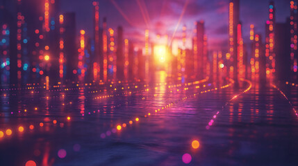 Fototapeta premium Vibrant Sunset Illuminates a Futuristic Cityscape with Colorful, Glowing Lights Reflecting on a Wet Surface, Creating a Dreamlike Vision