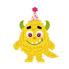 Fluffy yellow monster in flat style on a white background. Birthday. Festive kids cartoon monster character.