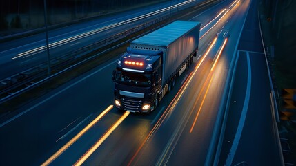A drone shot of a big cargo truck moving on night road a speedy scenery and big space for text or product advertisement purpose