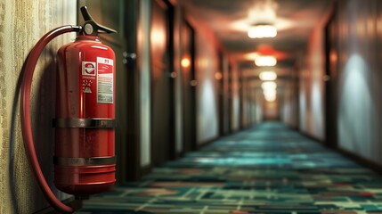Safety equipment including a fire extinguisher and hose reel by an exit door, hotel corridor, close-up view with studio lighting, isolated background