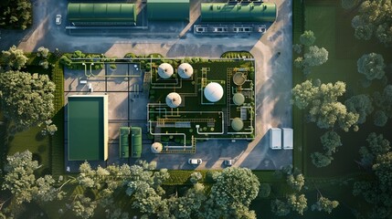 Top view of an in-progress hydrogen storage facility, highlighting green hydrogen energy advancements, detailed construction scene