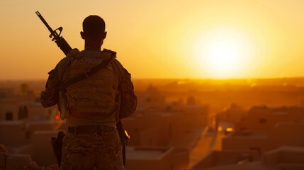 A soldier in camouflage gear stands facing a vibrant sunset, conveying calm and reflection with silhouettes of buildings in the background.