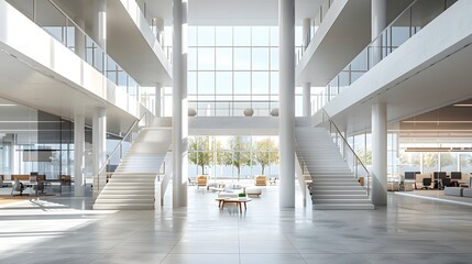 Modern office building interior with staircase and glass windows, white walls, gray floor tiles, and high ceilings. In the center of the picture is an open space for business activities. 
