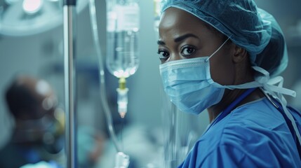 Theatre, team, surgeon woman, medical support, hospital, or healthcare solution in mask. In surgery, operating room, emergency, and life insurance, focus, thinking, and nurses help