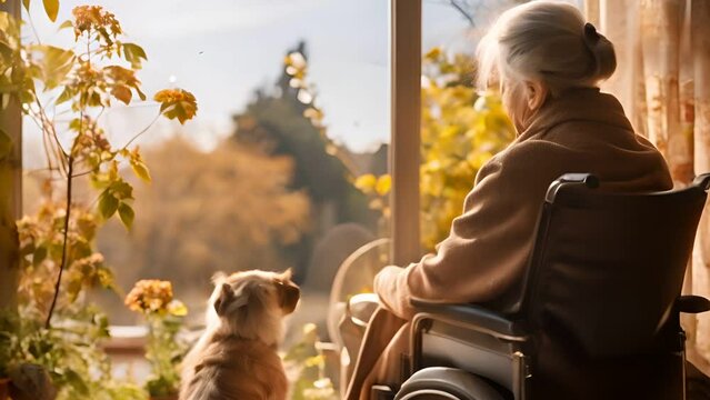 Lonely senior woman in a wheelchair with dog in nursing home looking out the window