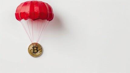 A gold Bitcoin coin with a red and white parachute attached to it.

