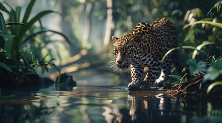 A majestic leopard gracefully walked along the riverbank, its spotted fur glistening in the sunlight, surrounded by lush greenery and shimmering water