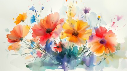 Abstract watercolor painting of flowers. Delicate orange and yellow flowers with blue and green leaves.