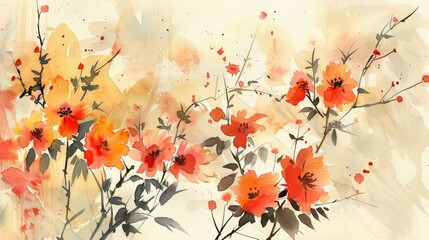 Abstract watercolor painting of red and yellow flowers.