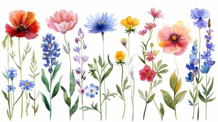 A variety of flowers painted in watercolor