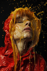 Woman wearing red latex covered in honey.