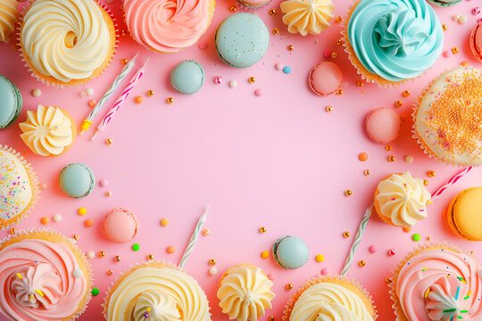 Birthday background, frame of candles, sweets, cream donuts and muffins, macarons on pink background. AI Generative. Copy space for text, Invitation greeting card mock up..