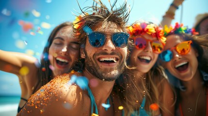 Friends Celebrating at the Beach with Confetti - ai generative