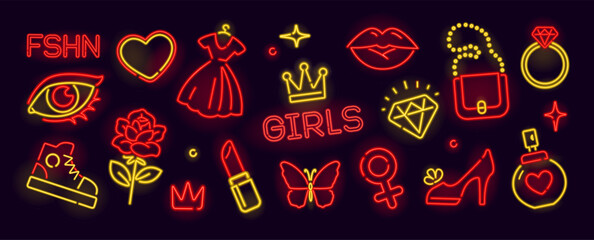 Naklejka premium Girls fashion neon icons and signs of women's handbag, perfume, lady's slipper, queen crown, dress, pink lipstick. Lady's accessories and women's jewelry icons - vector template