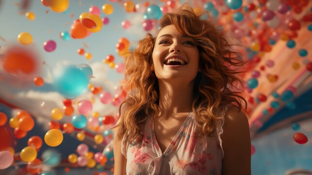Femme Souriante avec Ballons Colorés en Arrière-plan - ai generative