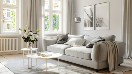 Stylish living room with gray couch white coffee table
