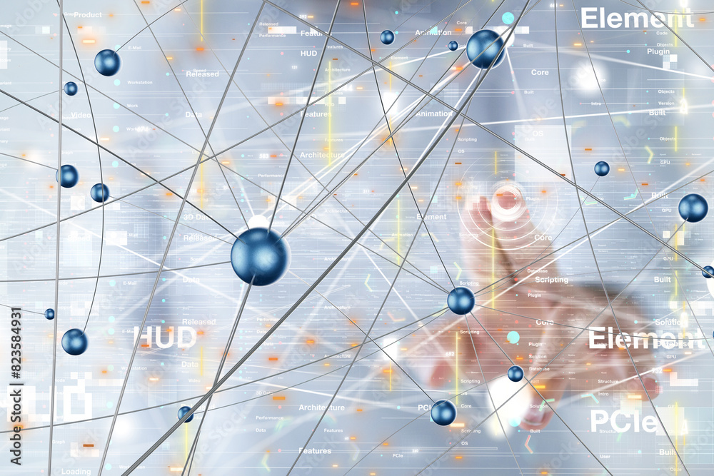 Poster Global network. Blockchain. 3D illustration. Neural networks and artificial intelligence. Abstract