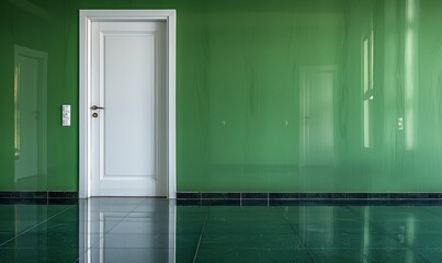 The room is bare, painted green with a white door