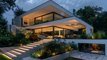 Fototapeta premium Modern villa with garden and illuminated steps at night, showcasing the lighting effect of LED lights on plants in flower beds around the house. 