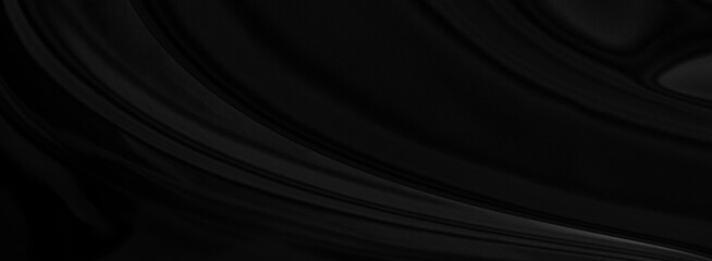 Black gray satin dark fabric texture luxurious shiny that is abstract silk cloth panorama background with patterns soft waves blur beautiful.