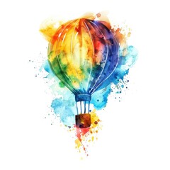 Colorful Watercolor Hot Air Balloon in Flight with Abstract Paint Splashes