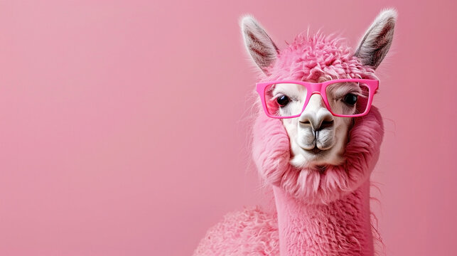 Pink alpaca in sunglasses on pink background. Copy space. 