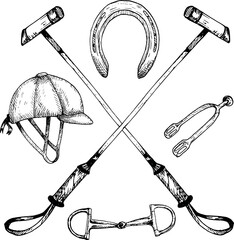 graphic vector illustration of a logo with horse polo stick, helmet, horseshoe, snaffle or bit, spur. Isolated. For cards, prints, decor