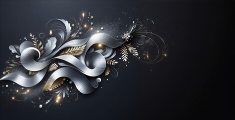 Edler, abstrakter Hintergrund mit silbernen, leuchtenden Linien und Ornamenten auf schwarzem Hintergrund