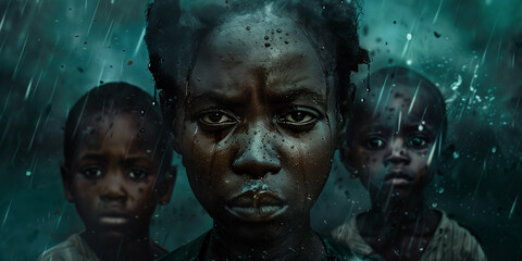 African poverty and suffering conceptual youth portrait image with homeless children in the rain
