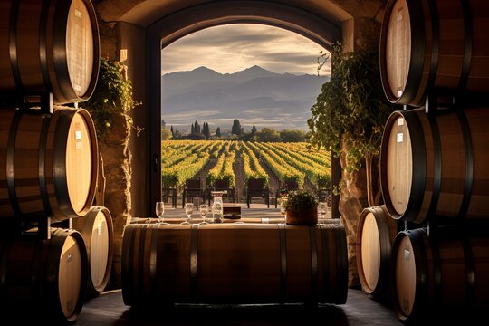 Picturesque vineyard landscape seen through the doorway of a rustic wine cellar with barrels