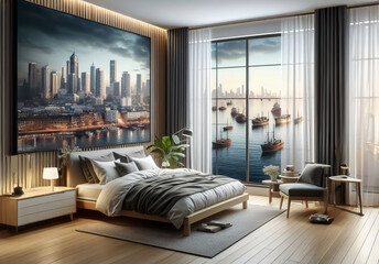komfortabler Schlafraum mit Fototapete und Aussicht auf einen Hafen,  Schlafzimmerhintergrund