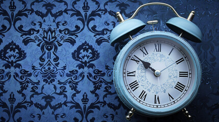 A classic alarm clock on an indigo background with filigree patterns.