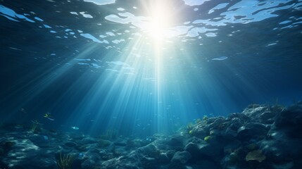 Calm underwater scene with sun rays reaching the seabed. Peaceful ocean background.