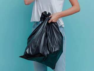 A person in a white shirt and blue jeans holds a black garbage bag with one hand against a blue backdrop. The scene suggests an action of tidying up or preparing for waste disposal during the daytime