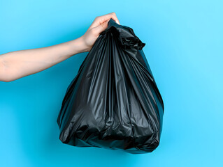 A hand holds a black garbage bag against a vibrant blue background. The bag is full and tied off, ready for disposal. This image evokes themes of waste, disposal, and environmental responsibility
