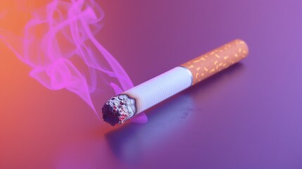 A lit cigarette on a reflective surface. The cigarette is in the foreground and the smoke is curling up in the background. The background is a dark color.