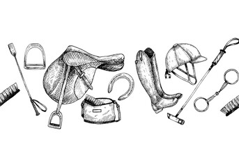Graphic vector banner or template with illustration of horse saddle, horseshoe, helmet, snaffle, boot, whip . Boot, helmet. Hand painting. Horse equipment, for horse sport, riding