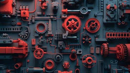 A complex machinery with red and gray colors. Gears, cogs, and other mechanical parts are arranged in a visually pleasing and intricate manner.