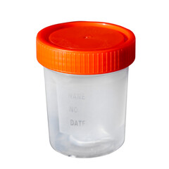 Empty disposable plastic container for tests isolate on a white background close-up.