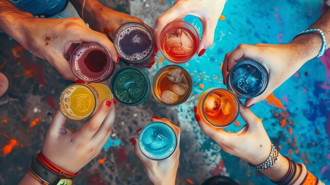 A group of friends are toasting with colorful drinks.