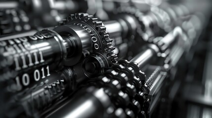 Fototapeta premium A black and white close up of a complex machine with gears, chains, and binary code.