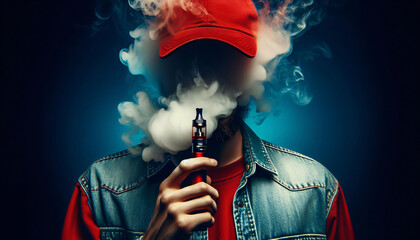 Ein Mann mit Basecap und Kapuze raucht eine E-Zigarette mit sehr viel Dampf, Vape, copy space