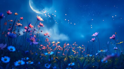 Wildflower garden under the moonlight at night