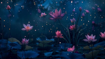 The lotus in the pond with glowing light at night.
