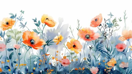 The image is a watercolor painting of a meadow with orange and pink flowers