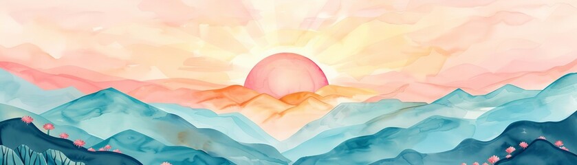 Sunrise over cancer battle flat design top view, perseverance theme, watercolor, triadic color scheme