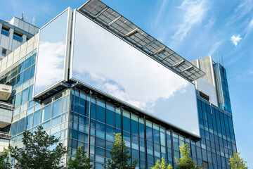 Innovative billboard with transparent features blending with the urban office backdrop.